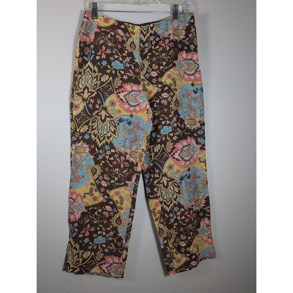 Ann Taylor Loft Pants Womens 6 Short Brown Pink Floral Straight Linen Silk Boho